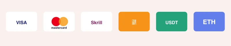 Accepted payment methods including Visa, Mastercard, Skrill, Bitcoin